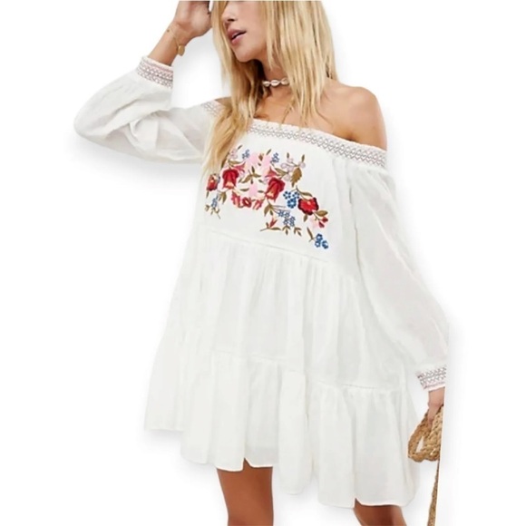 Free people sunbeams dress women’s medium white off shoulder embroidered - Picture 1 of 8